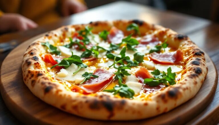 Jambon cru sur pizza avant ou après cuisson illustrant préparation culinaire