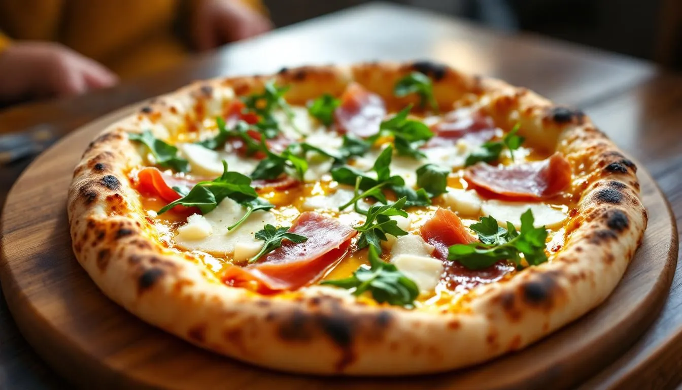 Jambon cru sur pizza avant ou après cuisson illustrant préparation culinaire