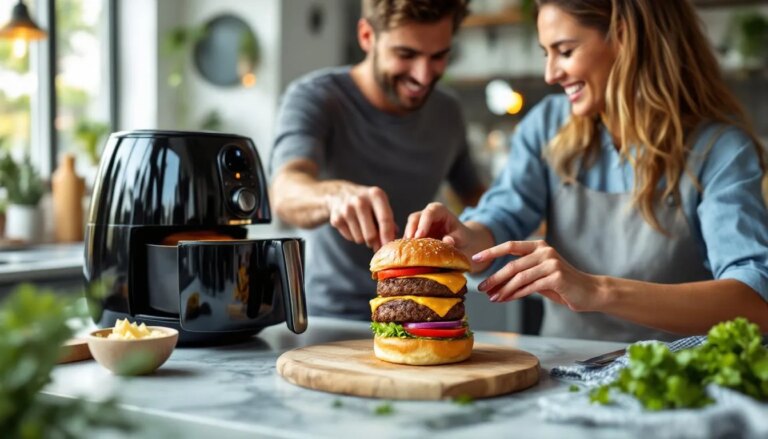 Recette de burger maison préparée avec une friteuse à air moderne