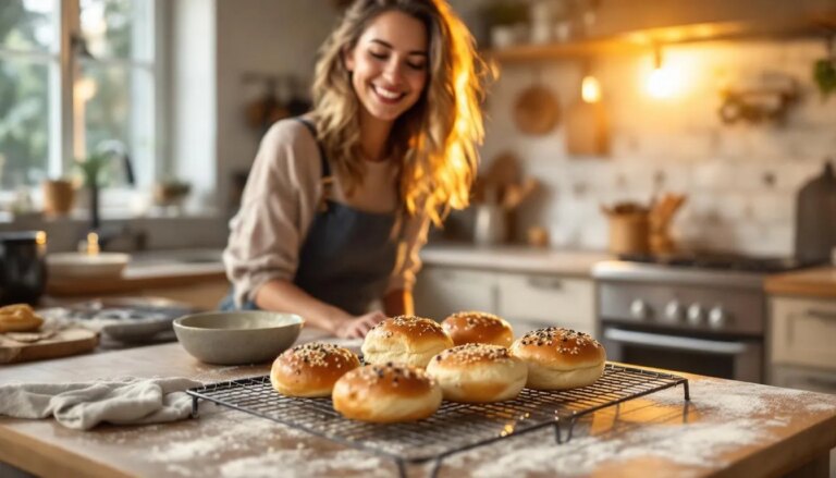 Photo d'une recette de pain burger maison avec levure chimique fraîche