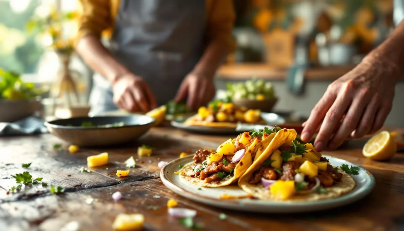 Image illustrant une recette de tacos al pastore, un plat mexicain savoureux