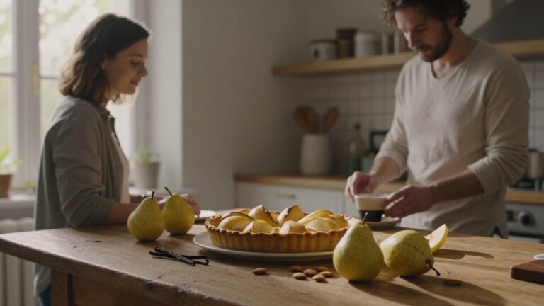 Tarte poire amandine préparée selon la recette de Cyril Lignac