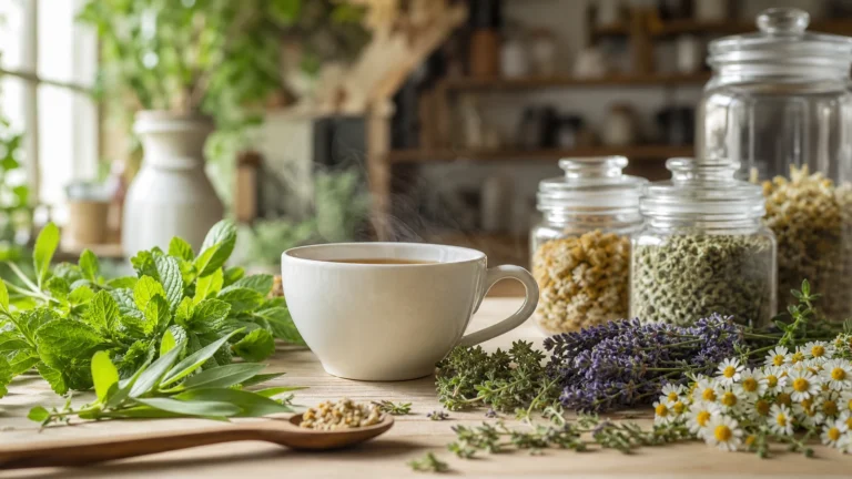 meilleures marques d'infusion française avec plantes et tasse chaude