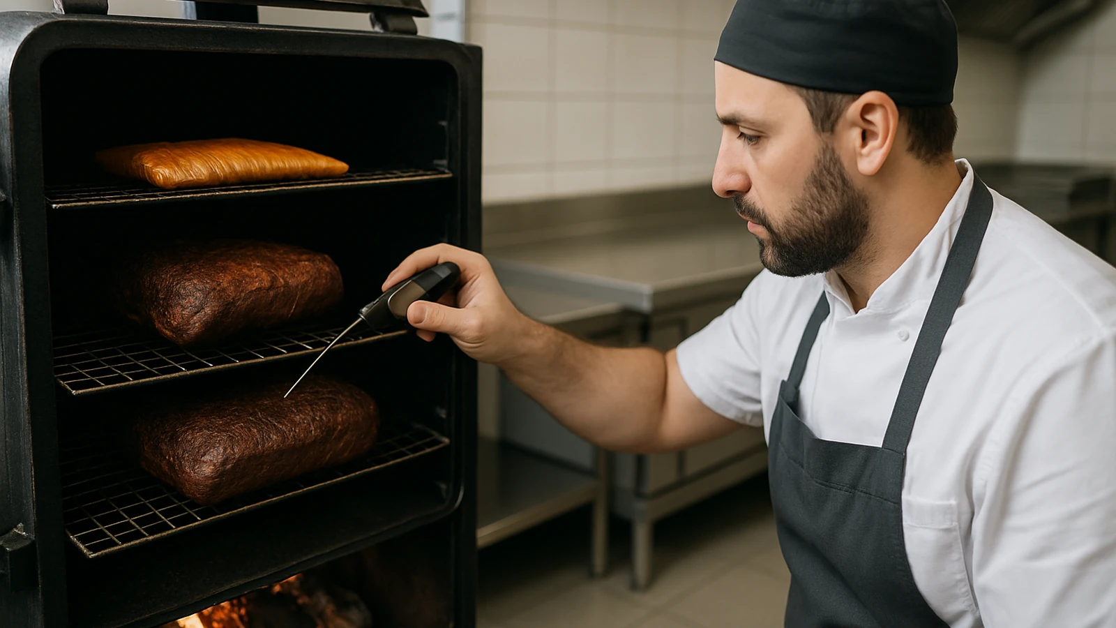 Contrôle d’un fumoir à bois professionnel avec thermomètre et braise