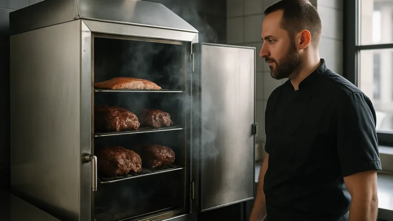 Fumoir à bois professionnel en cuisine avec viande et poisson