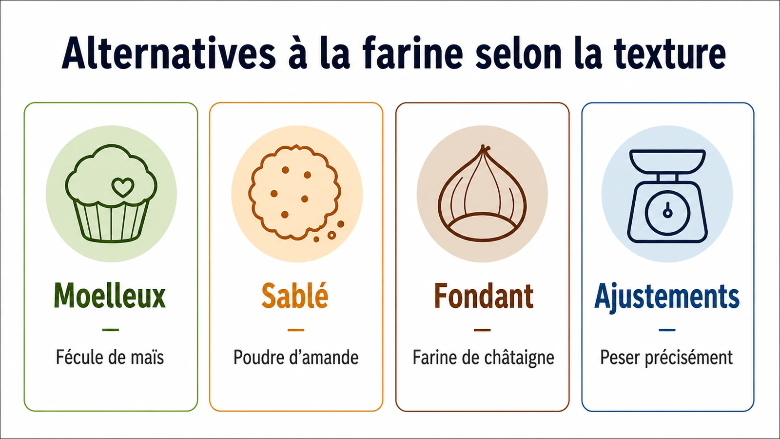Infographie des substituts de farine adaptés aux textures moelleuse, sablée et fondante