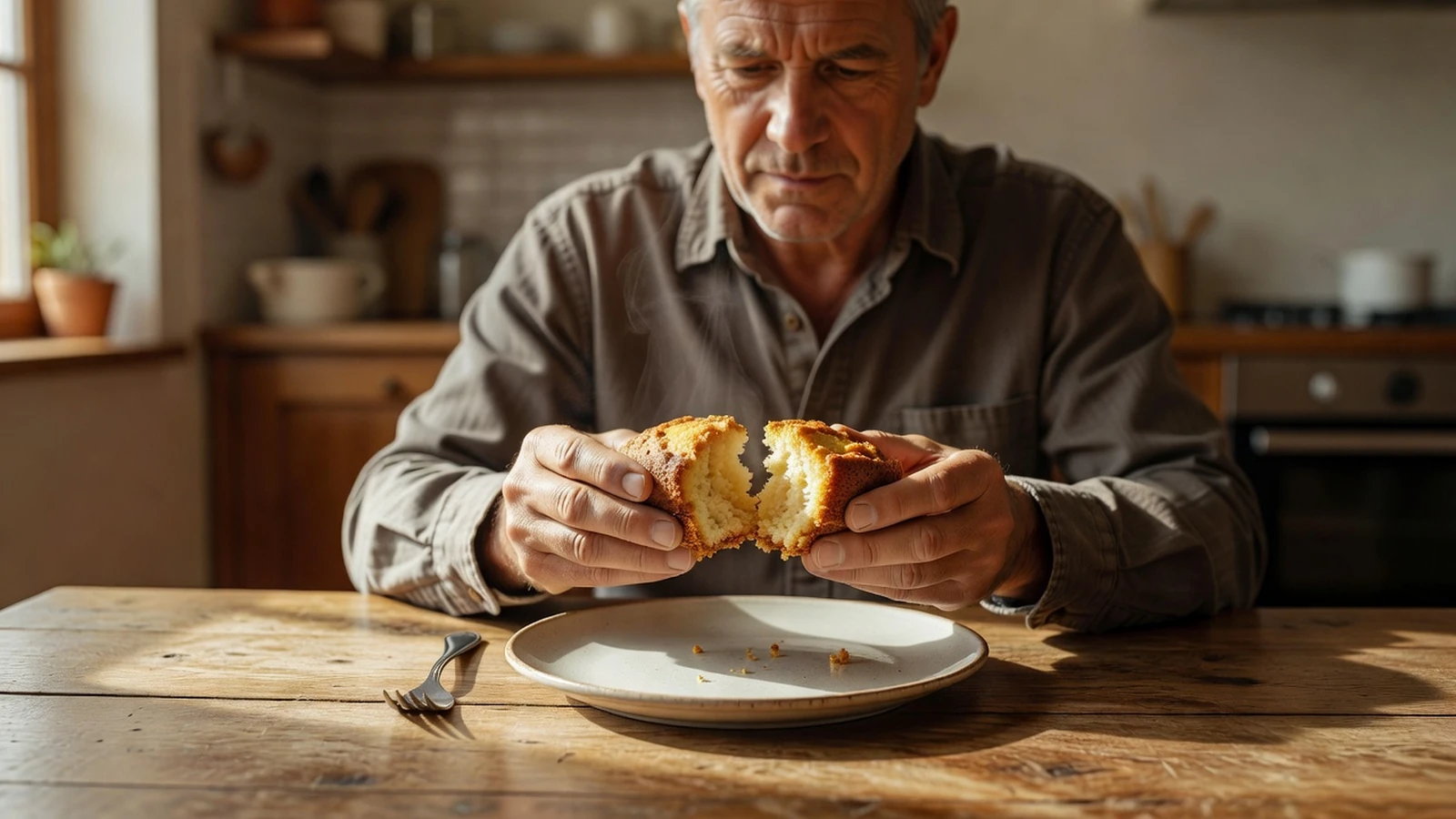 Un cuisinier vérifie la texture d'un gâteau cuit en cassant une part sur une assiette