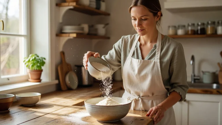 Une cuisinière verse de la farine d'amande dans un saladier pour préparer la pâte d'un gâteau