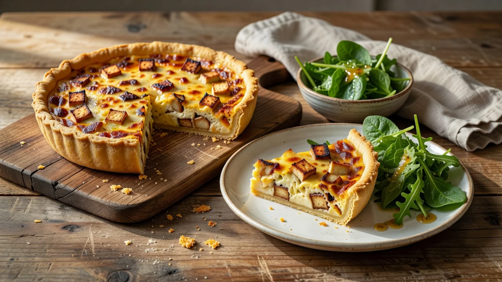 Quiche végétarienne au tofu fumé tranchée, servie avec une salade verte