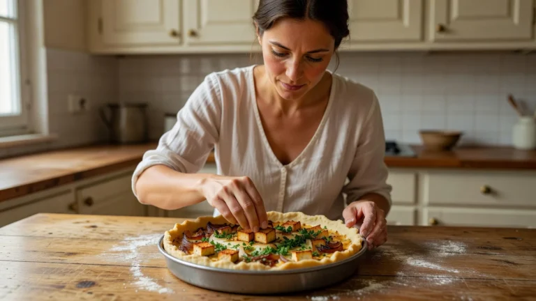 Remplacer les lardons dans une quiche végétarienne : femme qui garnit une tarte au tofu fumé